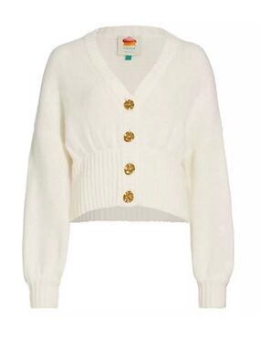 FARM Rio Cream V-Neck Cropped Cardigan with Gold Buttons